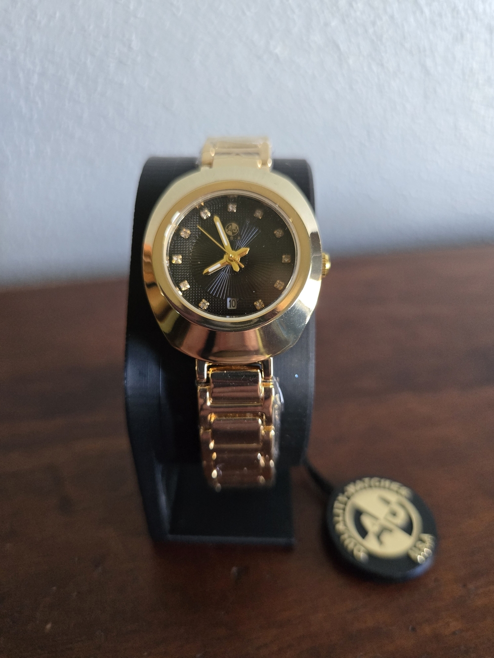 AJ Women's Gold Tone Watch Black Dial Crystal Accents NWT